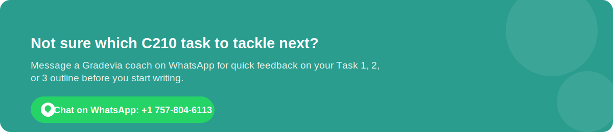 WhatsApp coaching CTA for feedback on a C210 Task 1, 2, or 3 outline