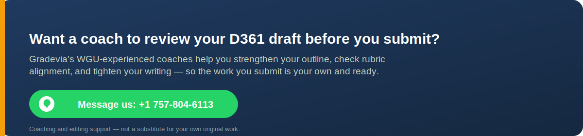 WhatsApp CTA to have a coach review a D361 Task 1 or Task 2 draft before submission